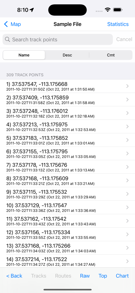 Elenco di punti traccia GPS che mostrano coordinate e timestamp nell'app mobile GPX Viewer.