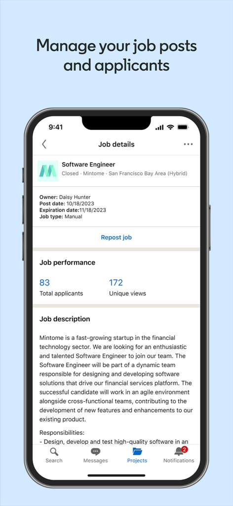 ソフトウェアエンジニアの職務に対する求人パフォーマンス指標と説明を表示するLinkedIn Recruiterアプリのインターフェース。