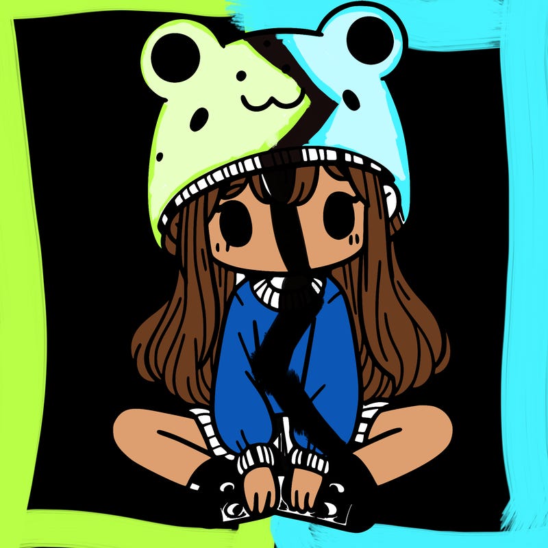 a girl wearing a frog hat and some frog socks