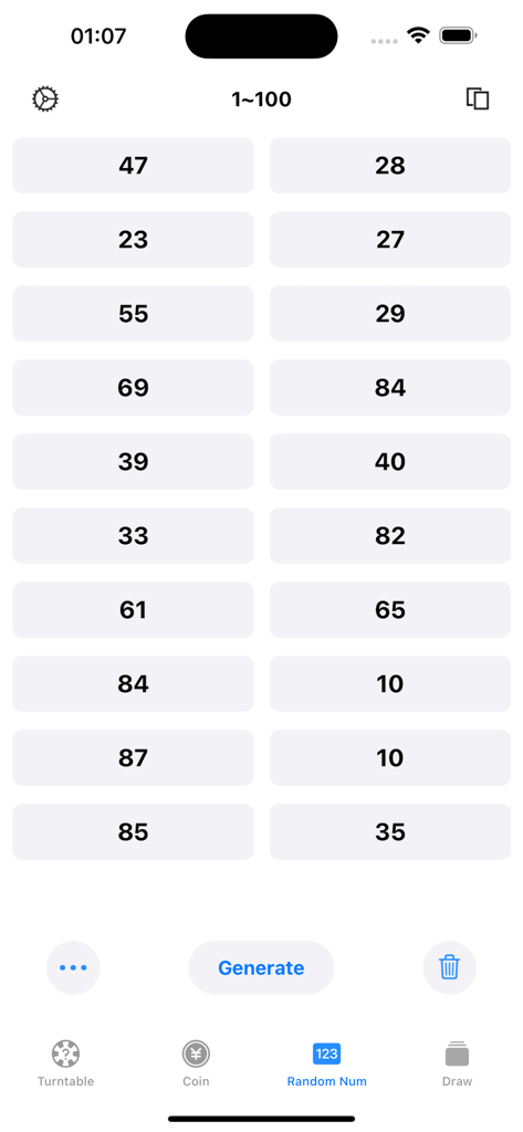 A list of randomly generated numbers on the Spin The Wheel app interface.