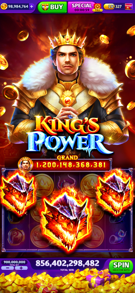 Jugabilidad de tragamonedas Cash Frenzy mostrando la máquina King's Power con símbolos de dragón ardiente y un jackpot multimillonario.