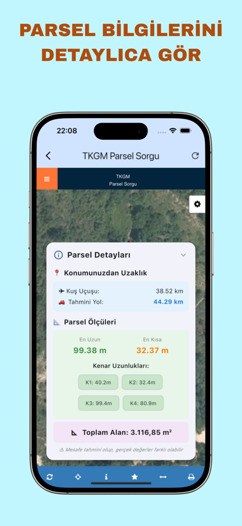 Mobile app screen showing land parcel dimensions area and distance from current location on a satellite map