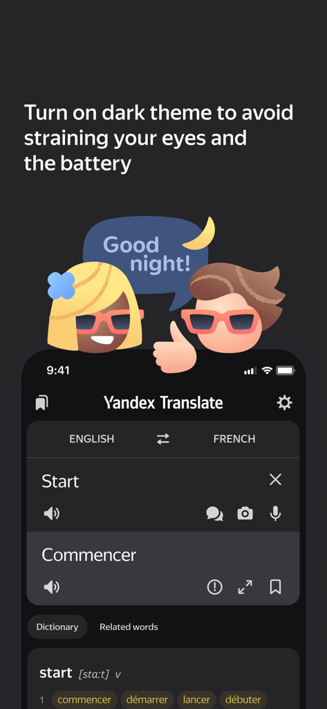 Yandex Translate - Interfaccia dell'app mobile Yandex Translate in modalità scura che mostra una traduzione dall'inglese al francese