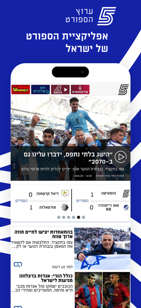ערוץ הספורט - Interface of the Israeli Sports Channel app displaying Hebrew news articles and live sports scores