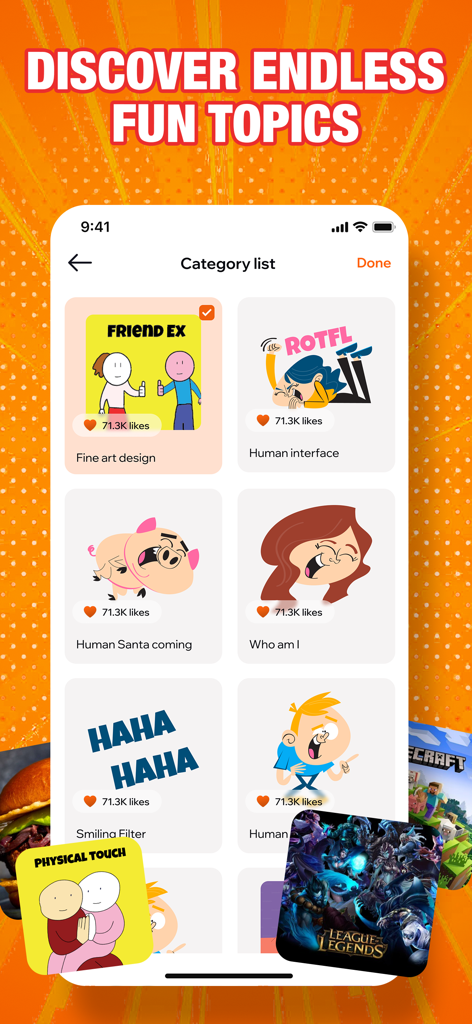 A mobile screen showing a category list of viral ranking topics like Friend Ex and Smiling Filter with a bright orange background.