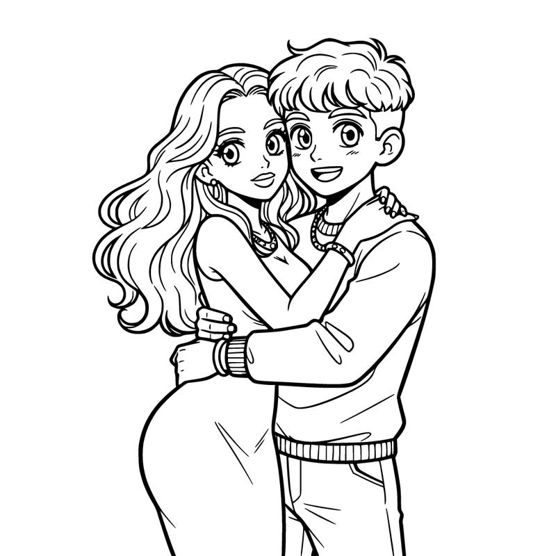 i want a girl and a boy hugging. the girl's characteristics: wavy hair, curves, a fitted dress, open and almond-shaped eyes, a gold necklace and bracelet. the boy's characteristics: wavy hair, open and almond-shaped eyes, a gold necklace, pants and a sweatshirt. i want the girl to have well-defined lips and the boy to have a beautiful smile. i want the girl's hair to be long and wavy and the boy's hair wavy with a cropped cut on the sides.
