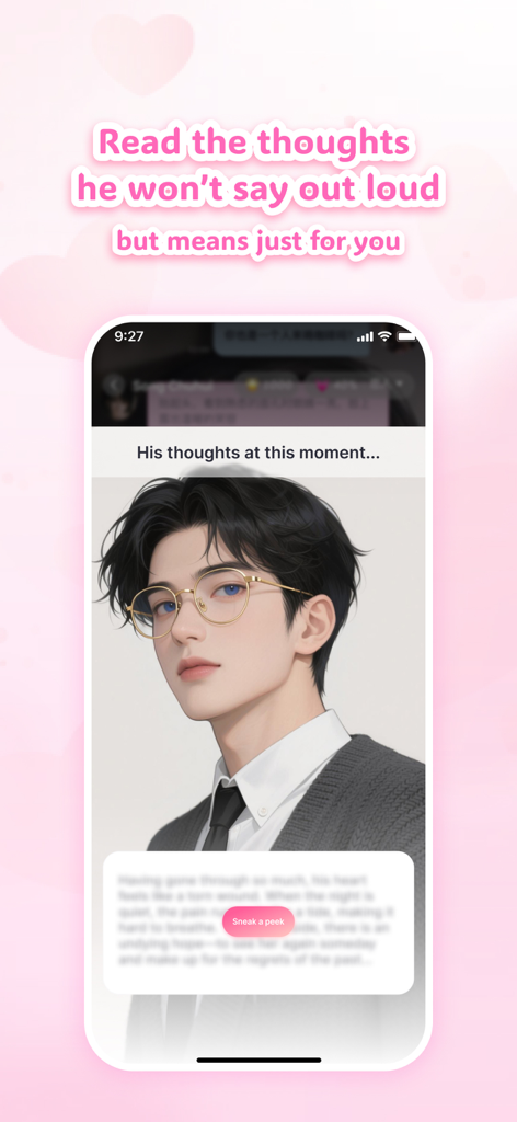 A screenshot of Smitten AI chat app displaying an anime male character and a feature to reveal his hidden inner thoughts