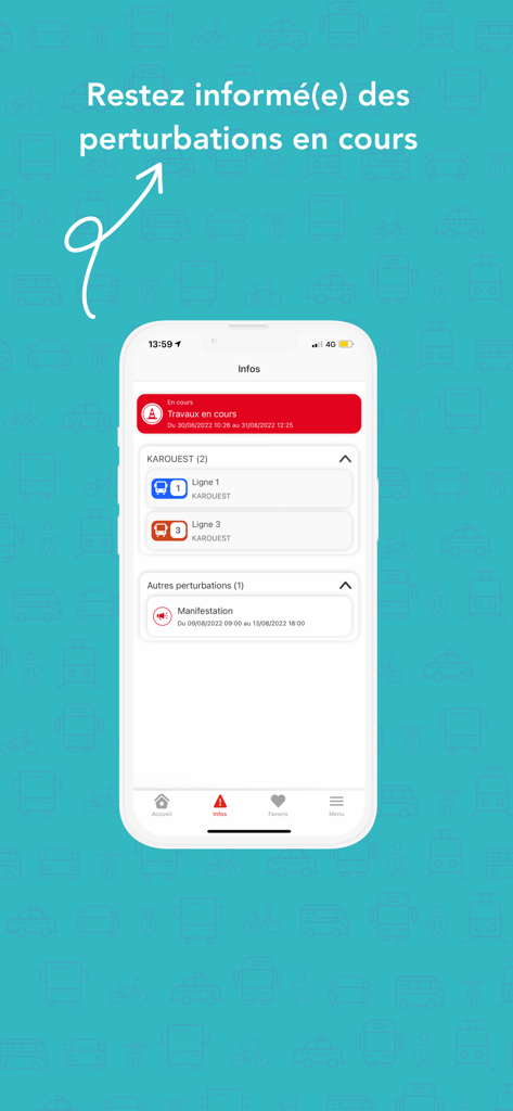 Benutzeroberfläche der KAR’OUEST-App, die Echtzeit-Netzwerkwarnungen für Busse und Verkehrsstörungen anzeigt