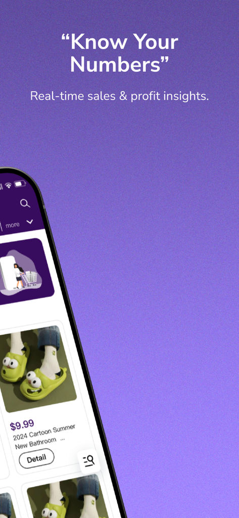 TeemDropモバイルアプリのインターフェース。Eコマース起業家向けのリアルタイムの売上と利益の洞察を表示しています