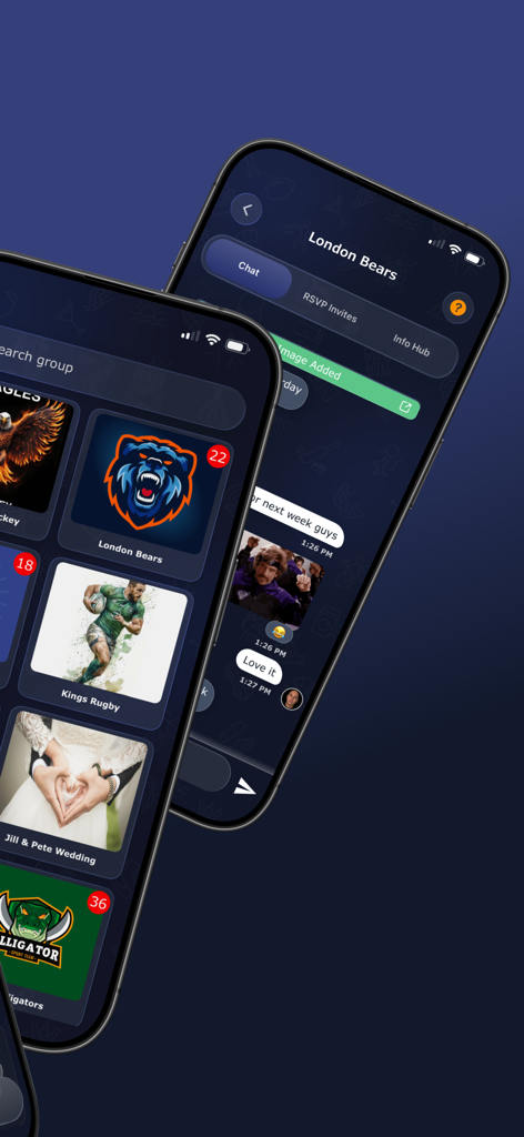 Invitem - Two mobile phone screens displaying the Invitem app group dashboard and a team chat interface.