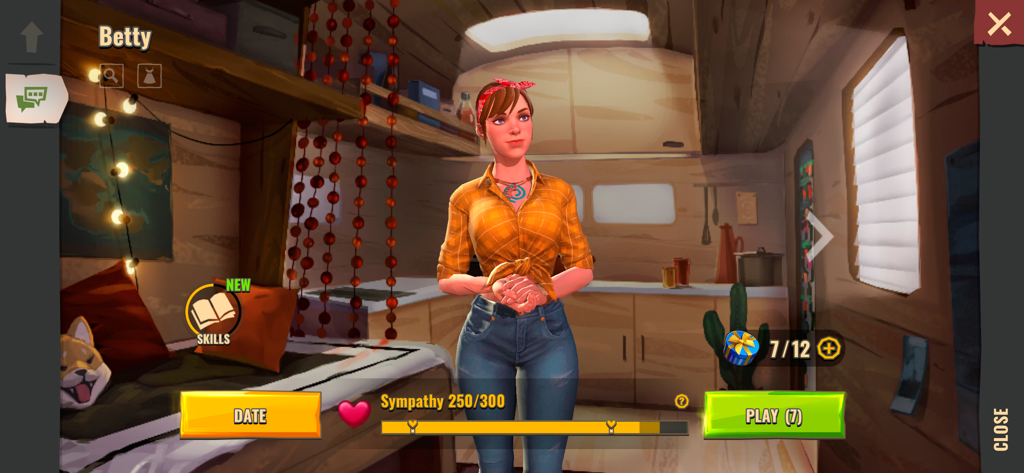 Days After: Zombie Survival - A screen from Days After Zombie Survival showing a character named Betty in a survivor base with options to date and check sympathy levels