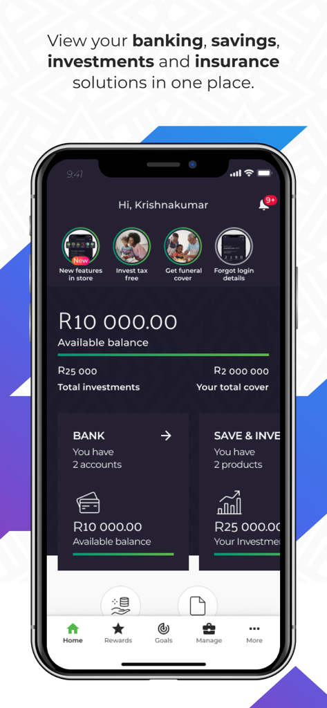 Old Mutual - Old Mutual mobile app home screen showing a consolidated financial dashboard with banking and investment balances