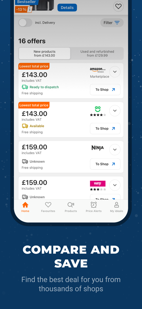 idealo - Price Comparison - Pantalla de la app idealo que muestra una lista de ofertas de precios de varios minoristas para comparar