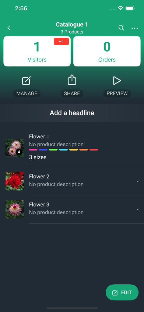 QuickSell Digital Cataloguing - QuickSell app interface showing a digital product catalog with visitor analytics and sharing options