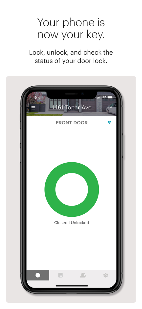August Home - Smartphone, das die August Home App-Oberfläche mit einem großen grünen Symbol anzeigt, das anzeigt, dass die Haustür geschlossen und entriegelt ist.