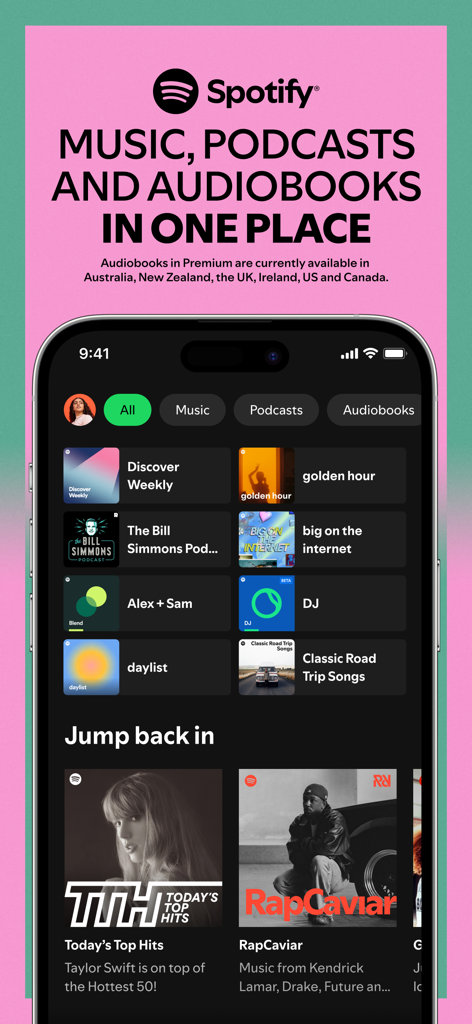 Spotify mobile interface showing music podcasts and audiobooks with curated playlists