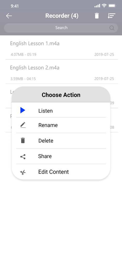 Voice recorder: Audio editor - Voice recorder app interface showing options to listen rename delete share and edit audio files