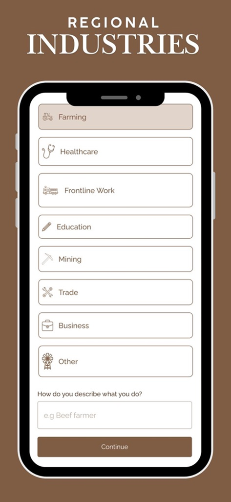 Howdy Global - Una pantalla de teléfono móvil de la app Howdy Global que muestra una lista de industrias regionales para perfiles de usuario como agricultura, atención médica y educación.