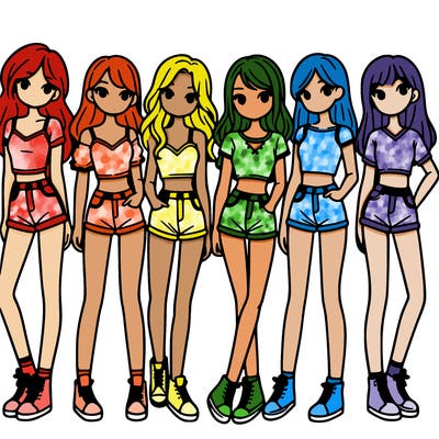 a group of girls wearing crop tops and shorts