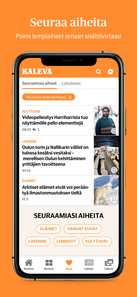 Kaleva - 文化、交通、動物などのフォローしたトピックに基づいたパーソナライズされたフィードを表示するKalevaニュースアプリのインターフェース