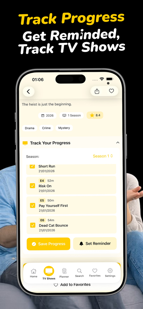 MovieRulz App-Oberfläche zur Verfolgung des Fortschritts von TV-Serienfolgen und zum Festlegen von Erinnerungen