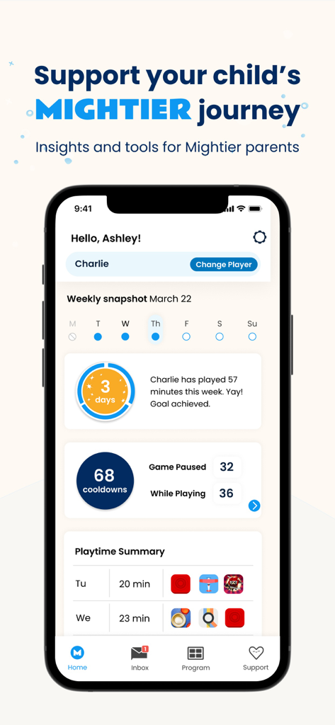 Mightier Parent App dashboard showing weekly playtime progress and cooldown statistics for a child