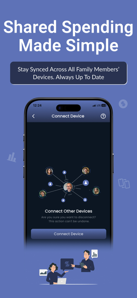Interface móvel mostrando o recurso de gastos compartilhados para sincronizar dados financeiros entre dispositivos de membros da família