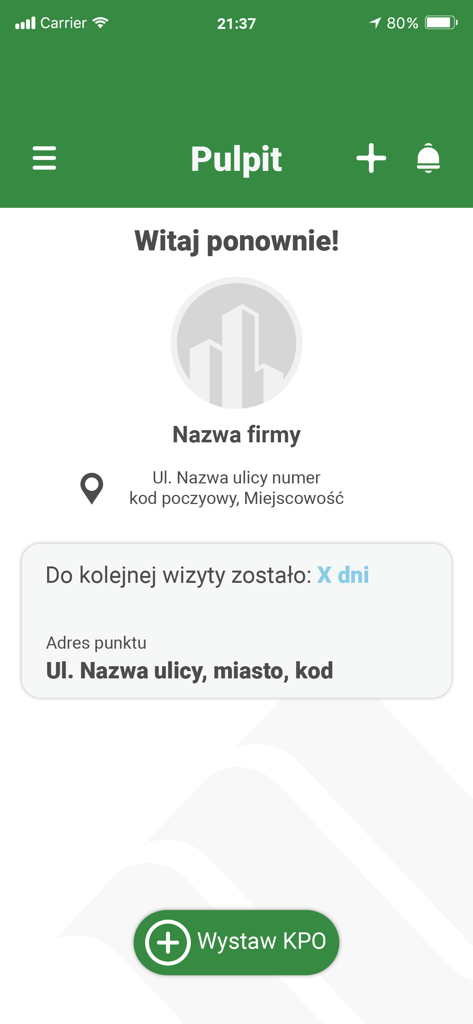 EMKA Oil - EMKA Oil mobile app dashboard screen displaying company details, next waste pickup countdown, and button to issue a waste transfer note