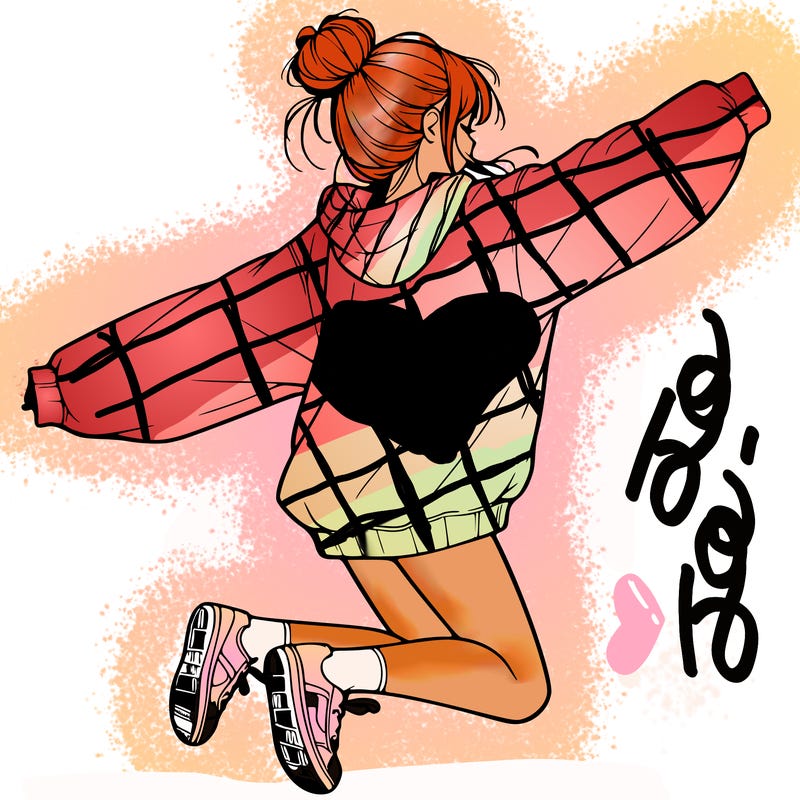 realistic girl jumping with a bun and oversized sweatshirt