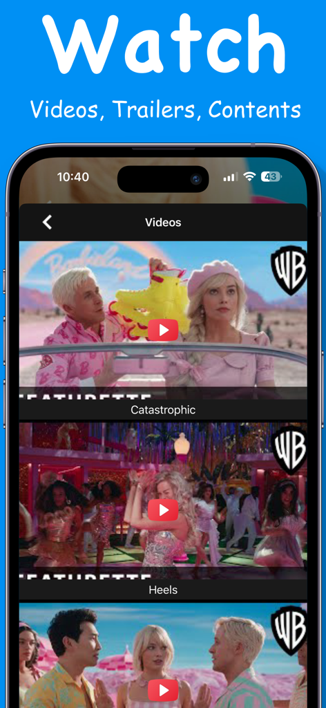Movies Box & TV Show - Interface of the Movies Box app showing a gallery of movie trailers and videos with play buttons.