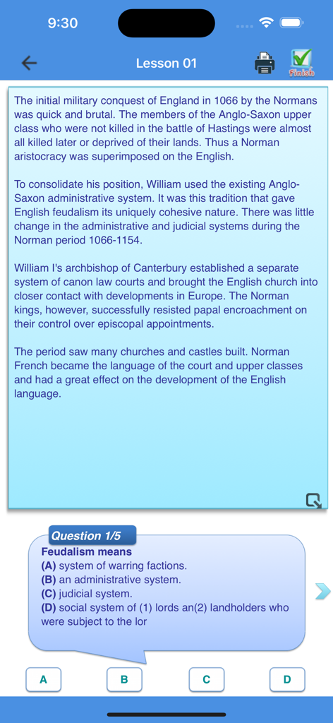 English Reading + - Mobile app screen showing an English reading passage about the Norman conquest followed by a multiple choice question