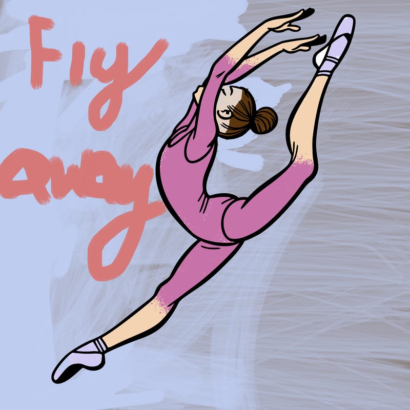 gymnast doing a leap in a leotard with a bent back leg