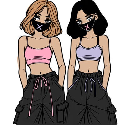 two girls with crop top with baggy pants
