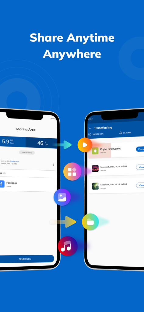 ShareMe - File Share - Dos teléfonos móviles compartiendo archivos incluyendo música y fotos usando la interfaz de la aplicación ShareMe