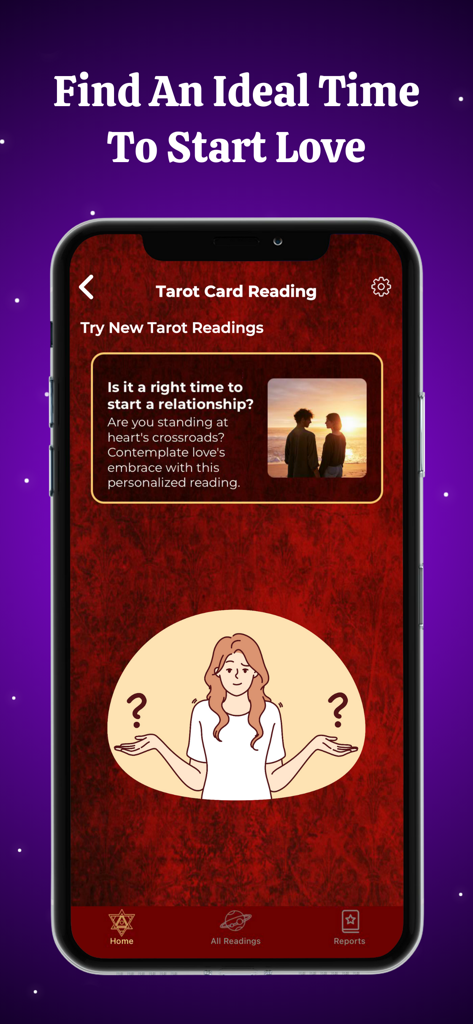A mobile app interface for love tarot readings asking if it is the right time to start a relationship