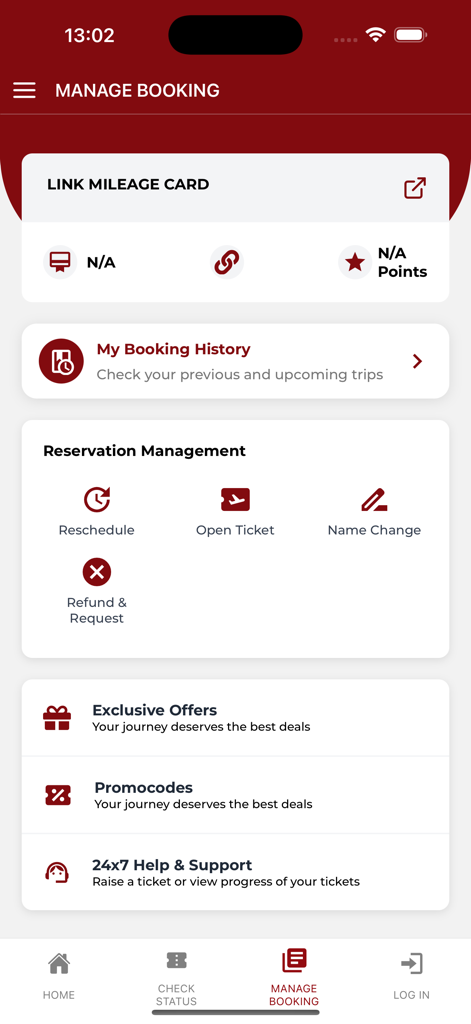Interfaccia Gestisci Prenotazione dell'app Shree Airlines che mostra la gestione delle prenotazioni e le opzioni della tessera miglia