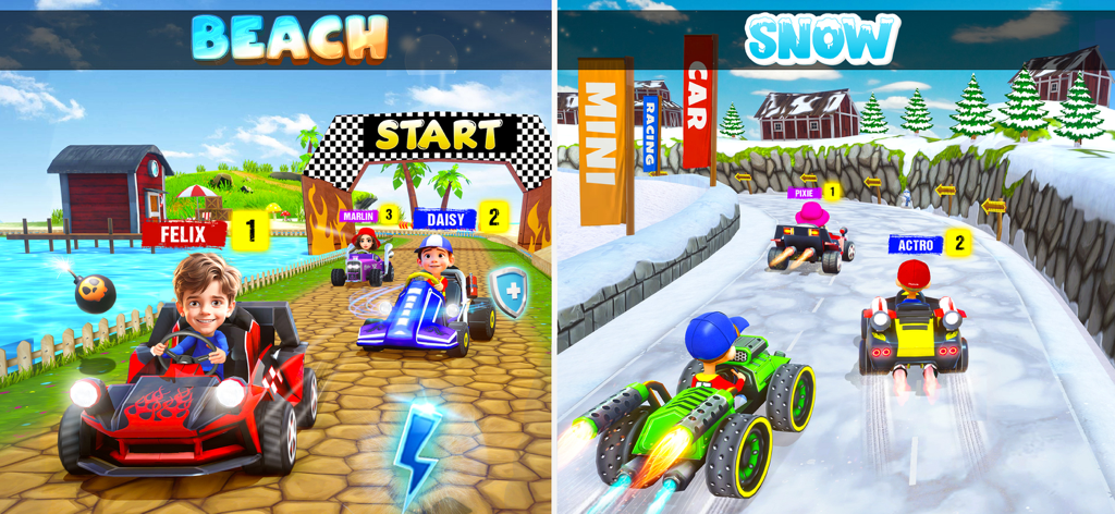 Mini Car Racing Game Legends - Capturas de pantalla del juego de Mini Car Racing Game Legends que muestran pistas de carreras de playa y nieve con coloridos personajes de karts