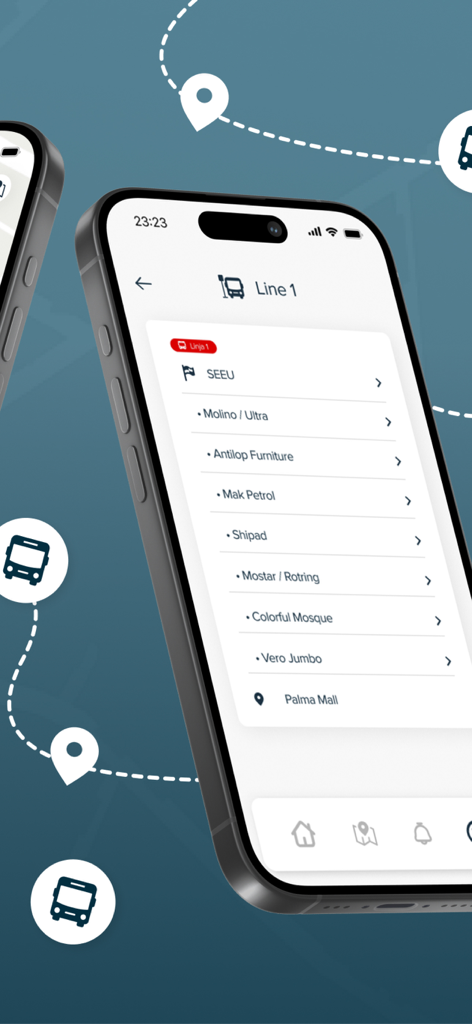Go Public Transport - Go Public Transport 앱의 테토보 1번 노선 버스 정류장을 보여주는 모바일 화면