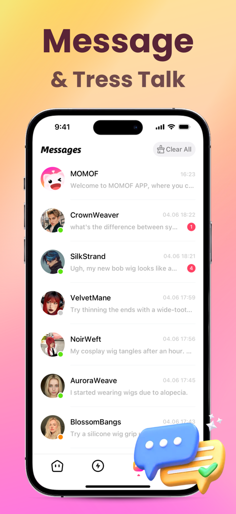 Captura de pantalla de la pantalla de mensajes de la aplicación MOMOF mostrando chats sobre estilismo de pelucas y cosplay.