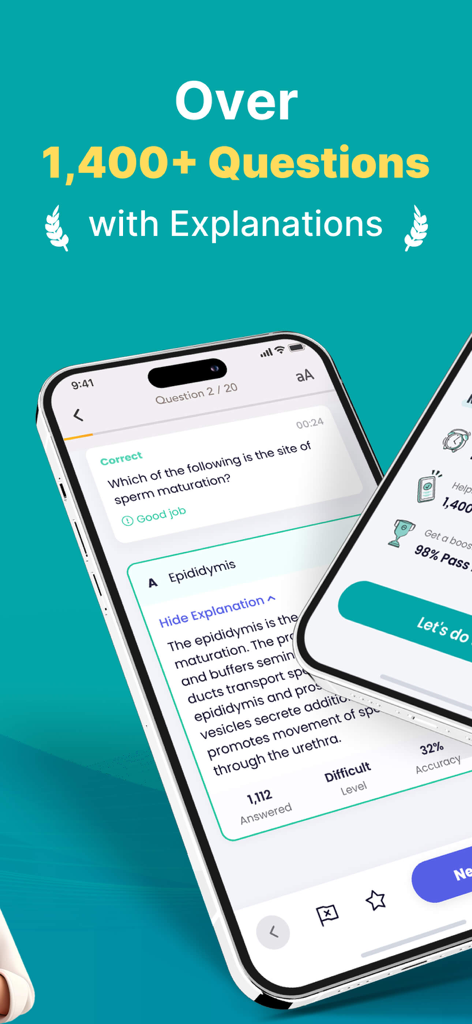 Medical Coding Exam Prep 2026 - Una pantalla móvil que muestra una pregunta de cuestionario de codificación médica con una explicación detallada y un titular que indica más de 1,400 preguntas con explicaciones.
