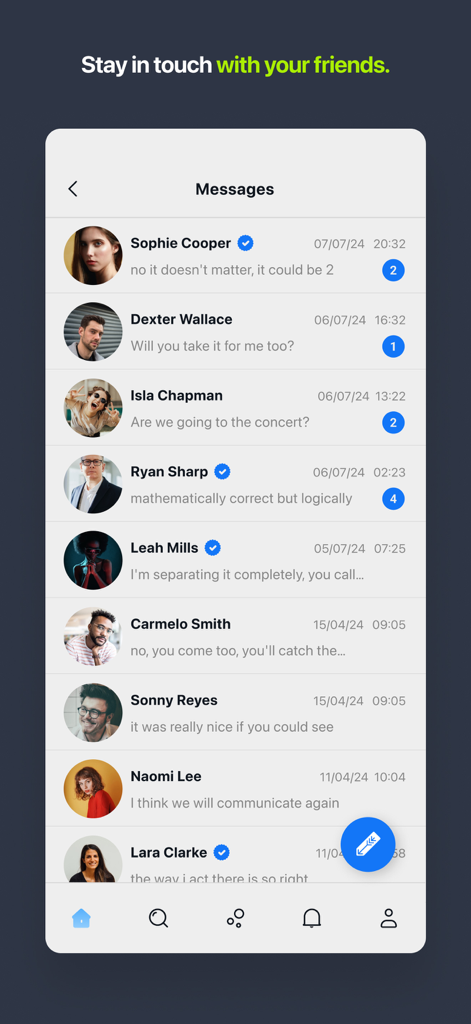 A mobile screenshot of the Yaay social media app's messaging interface showing a list of active chats with unread notifications.