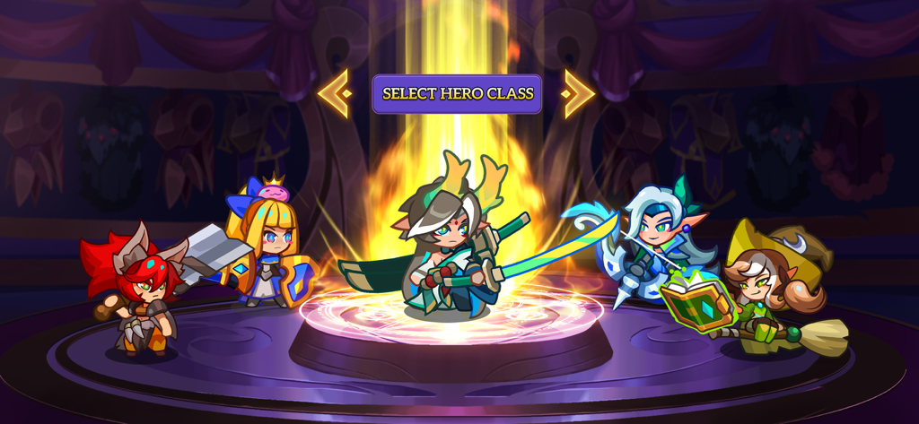 Monster Slayer Offline RPG - Character selection screen showing five unique hero classes in the Monster Slayer Offline RPG game.