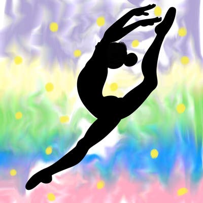 gymnast doing a leap in a leotard with a bent back leg