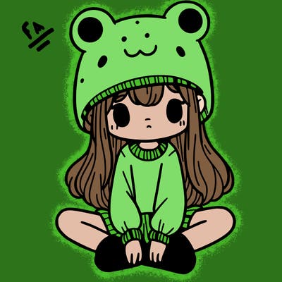 a girl wearing a frog hat and some frog socks