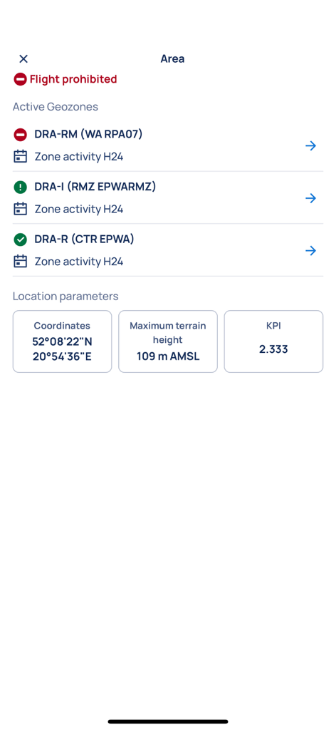 Screenshot of DroneTower app showing flight prohibited status and active geozones with coordinates