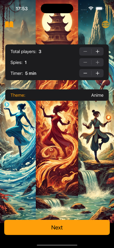 Tela de configuração do Undercover The Party Game mostrando configurações para jogadores e espiões com um tema de anime selecionado.