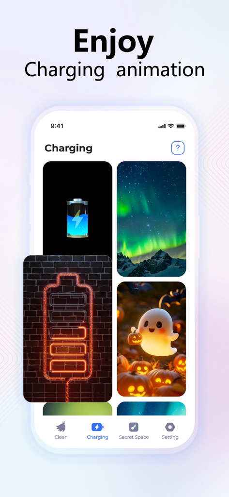 AI Cleaner Pro: Clean Storage - Interfaz de aplicación móvil que muestra múltiples opciones elegantes de animación de carga