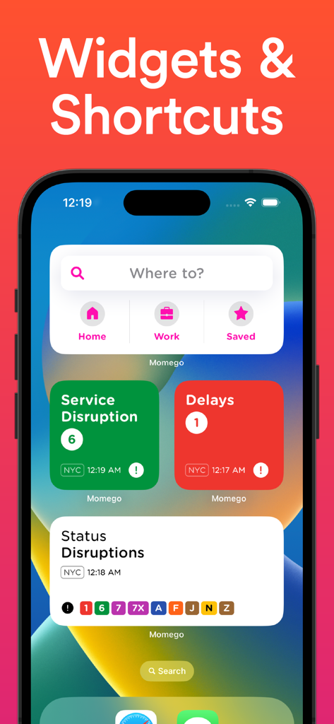 iPhone home screen displaying Denver Transit RTD widgets for real-time service disruptions and navigation shortcuts