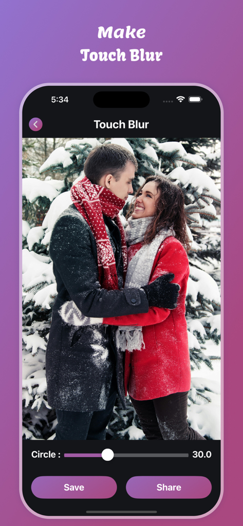 Motion Blur Effect - A user interface screenshot of the Motion Blur Effect app showing the touch blur tool being used on a winter portrait of a couple.