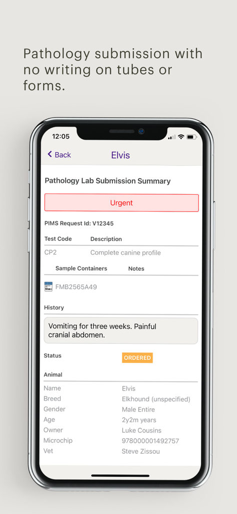 Digital pathology lab submission summary for a pet in the Vedi veterinary app.